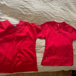 Two bright red scrub tops